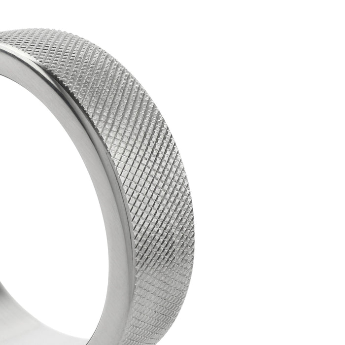 Inel pentru penis MR. STEEL CrissCross C-Ring, cu design geometric, din oțel inoxidabil, diametru 5 cm (mediu), argintiu