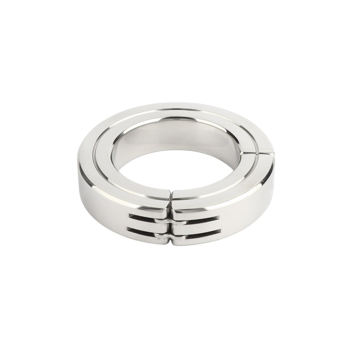 Inel pentru penis MR. STEEL Hinged Magnetic Cockring, din oțel inoxidabil, cu balama magnetică, diametru 5 cm, argintiu