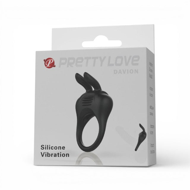 Inel pentru penis PRETTY LOVE Davion Rabbit, cu vibrator bullet inclus, din silicon, diametru 3 cm, negru