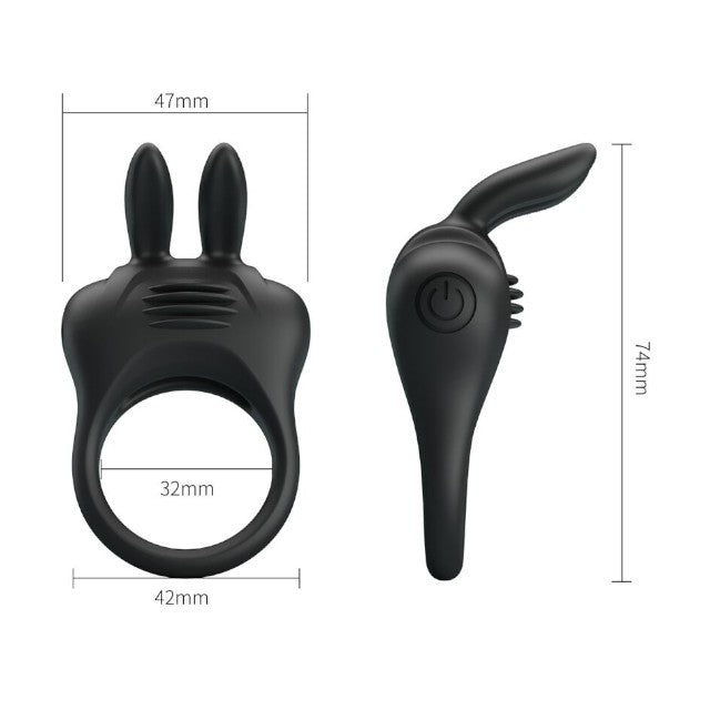 Inel pentru penis PRETTY LOVE Davion Rabbit, cu vibrator bullet inclus, din silicon, diametru 3 cm, negru
