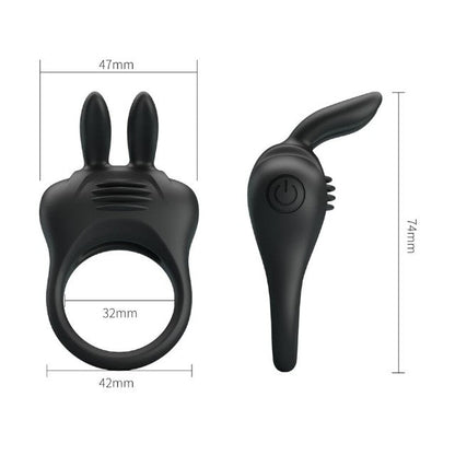 Inel pentru penis PRETTY LOVE Davion Rabbit, cu vibrator bullet inclus, din silicon, diametru 3 cm, negru