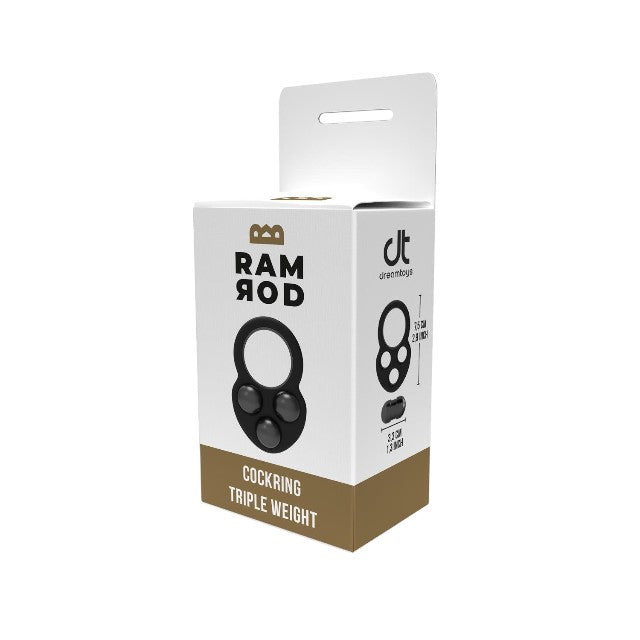 Inel pentru penis RAMROD Cockring Triple Weight, din silicon, cu 3 bile de oțel detașabile, greutate 171 grame, negru