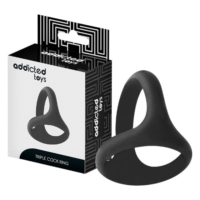 Inel triplu pentru penis ADDICTED TOYS Triple Cock Ring, din silicon, diametru 4.5 - 5.2 cm, negru
