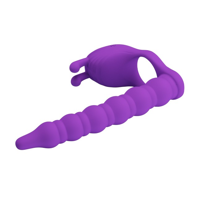 Inel vibrator pentru penis cu dildo PRETTY LOVE Blackney, pentru dublă penetrare, 7 funcții de vibrație, din silicon, mov