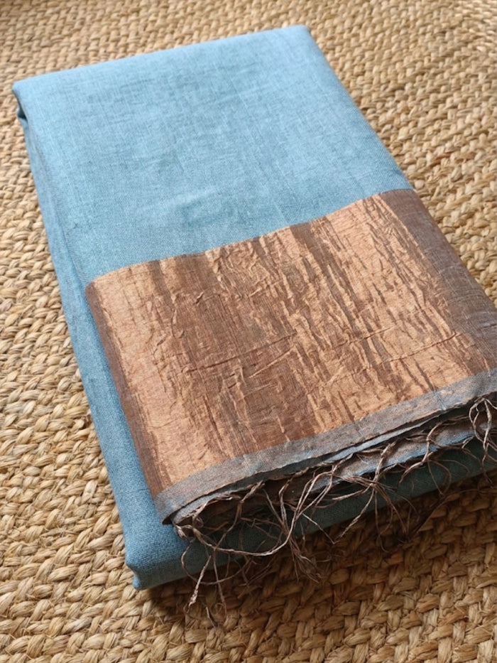 Indiehaat | Pure Handloom Silk Linen Saree Blue