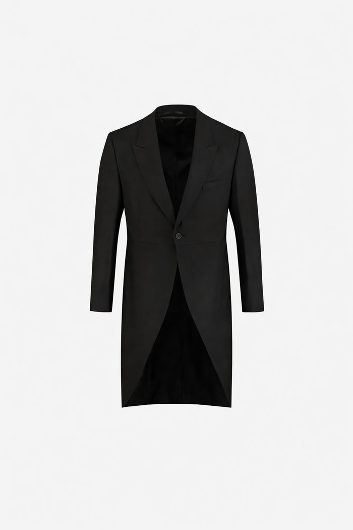 Elegant black Jacquet jas pw coat with a unique design and open front, perfect for formal occasions.
