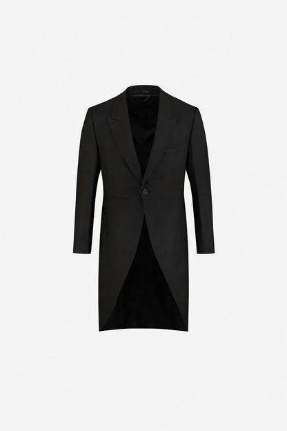Elegant black Jacquet jas pw coat with a unique design and open front, perfect for formal occasions.