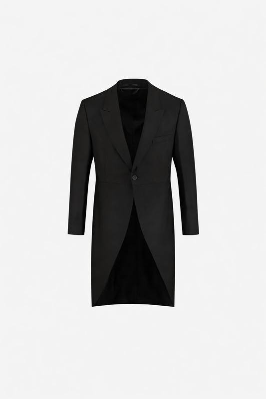 Elegant black Jacquet jas pw coat with a unique design and open front, perfect for formal occasions.
