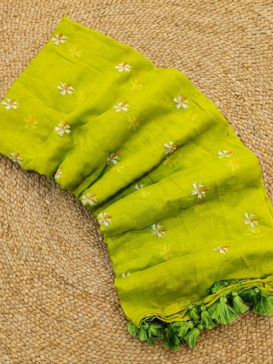 Indiehaat | Pure Mul Cotton Digital Embroidery Saree Green