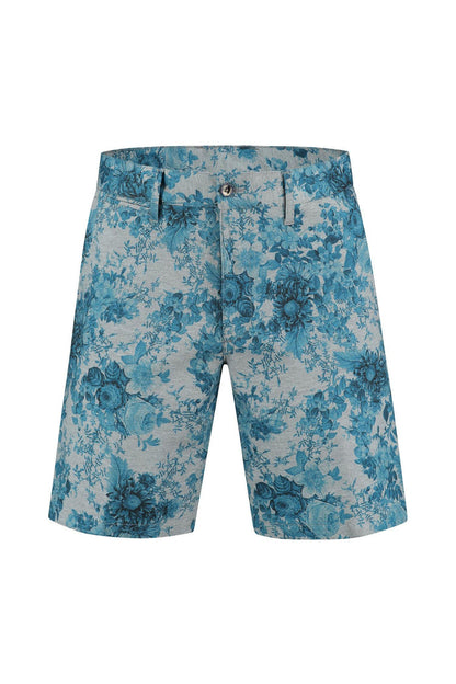 jersey print bloem grijs-blauw, slanke Bermuda met grijs-blauw bloemendessin, all-over print