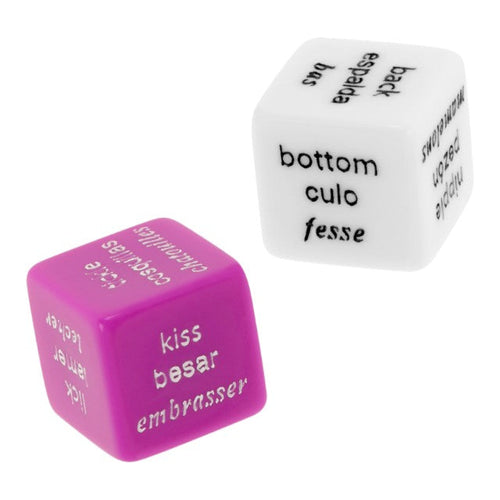Joc erotic pentru cupluri COVERME Erotic Dice, include 2 zaruri cu provocări și părți ale corpului, culoare alb/mov