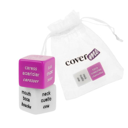 Joc erotic pentru cupluri COVERME Erotic Dice, include 2 zaruri cu provocări și părți ale corpului, culoare alb/mov