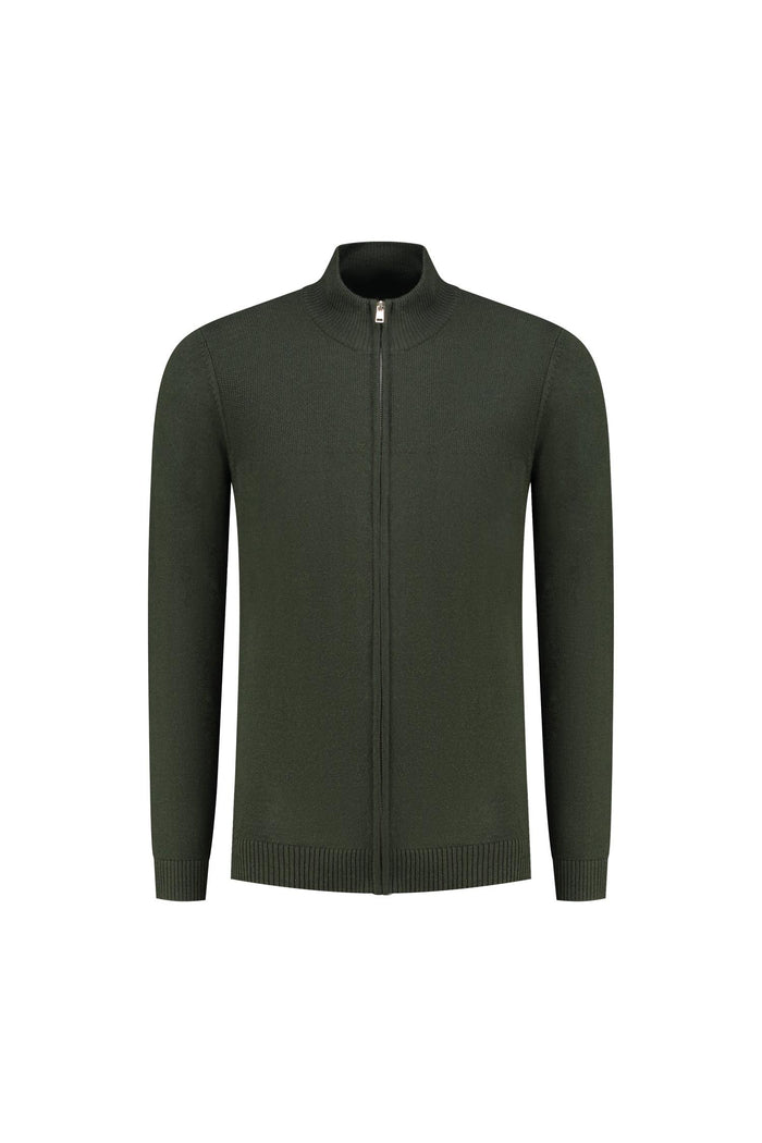 Joseph knit cardigan Donkerbruin in groen met volledige ritssluiting en lange mouwen.