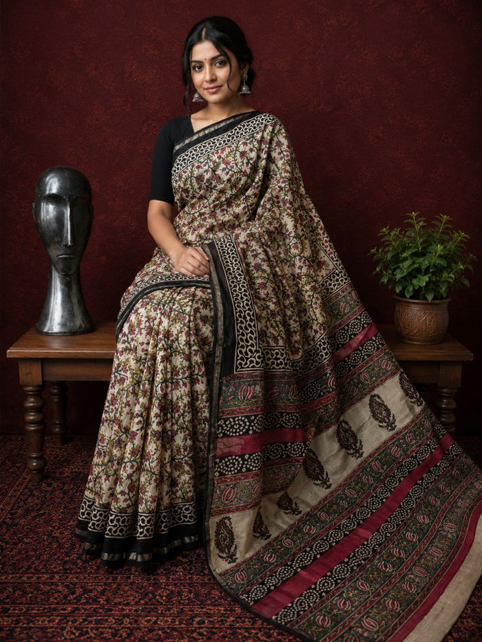 Indiehaat | Beige Chanderi Silk Kalamkari Saree