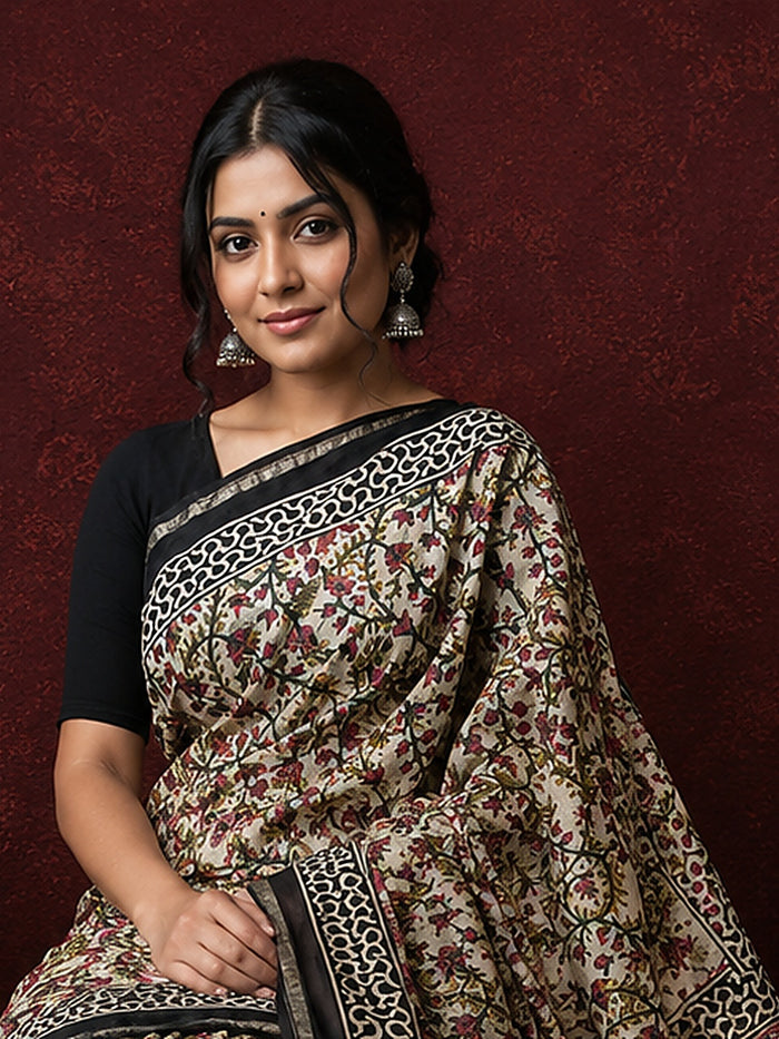 Indiehaat | Beige Chanderi Silk Kalamkari Saree