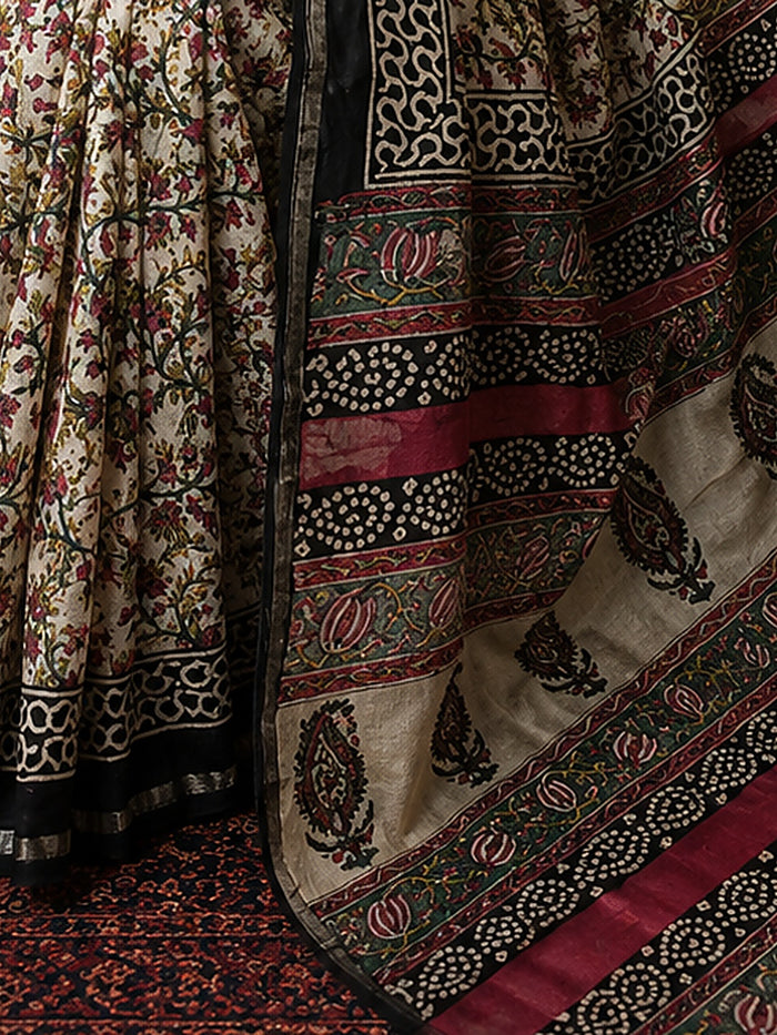 Indiehaat | Beige Chanderi Silk Kalamkari Saree