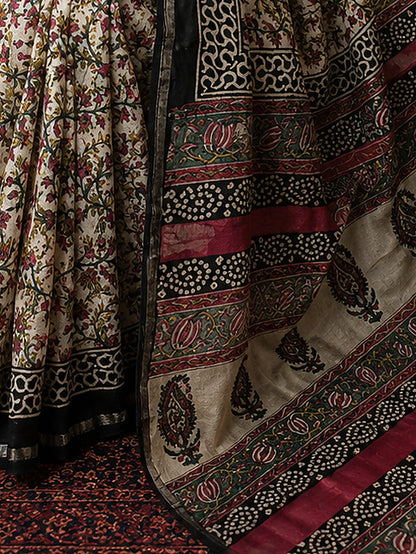 Indiehaat | Beige Chanderi Silk Kalamkari Saree
