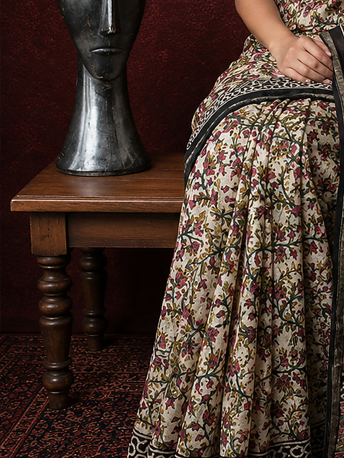 Indiehaat | Beige Chanderi Silk Kalamkari Saree