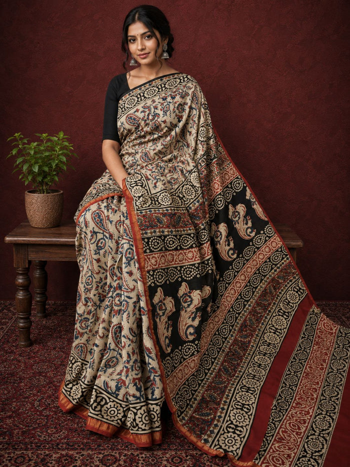 Indiehaat | Beige Chanderi Silk Kalamkari Saree