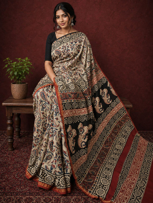 Indiehaat | Beige Chanderi Silk Kalamkari Saree