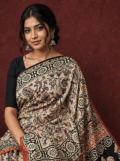 Indiehaat | Beige Chanderi Silk Kalamkari Saree