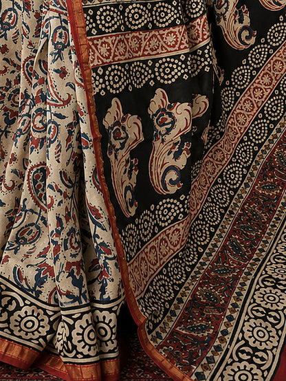 Indiehaat | Beige Chanderi Silk Kalamkari Saree