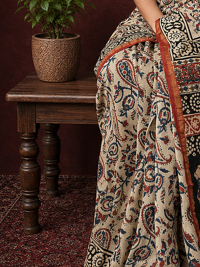 Indiehaat | Beige Chanderi Silk Kalamkari Saree