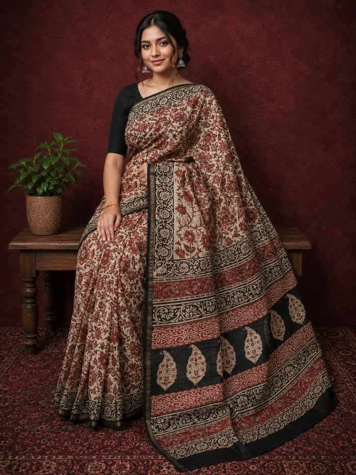 Indiehaat | Beige Chanderi Silk Kalamkari Saree