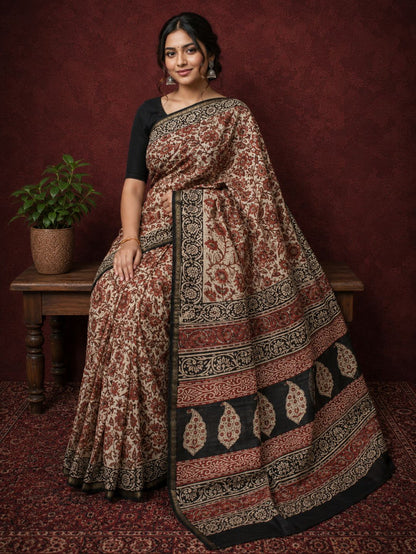 Indiehaat | Beige Chanderi Silk Kalamkari Saree