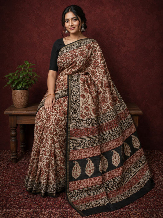 Indiehaat | Beige Chanderi Silk Kalamkari Saree