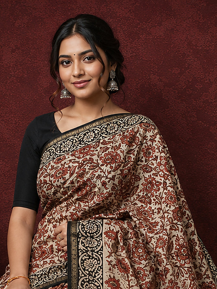 Indiehaat | Beige Chanderi Silk Kalamkari Saree