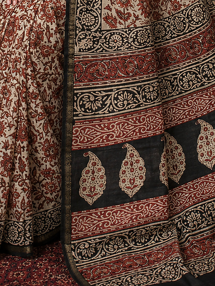 Indiehaat | Beige Chanderi Silk Kalamkari Saree