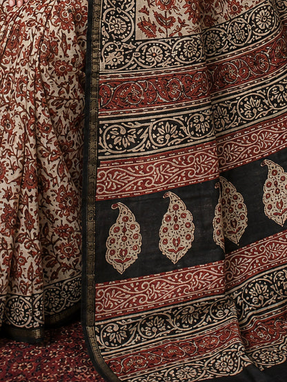 Indiehaat | Beige Chanderi Silk Kalamkari Saree