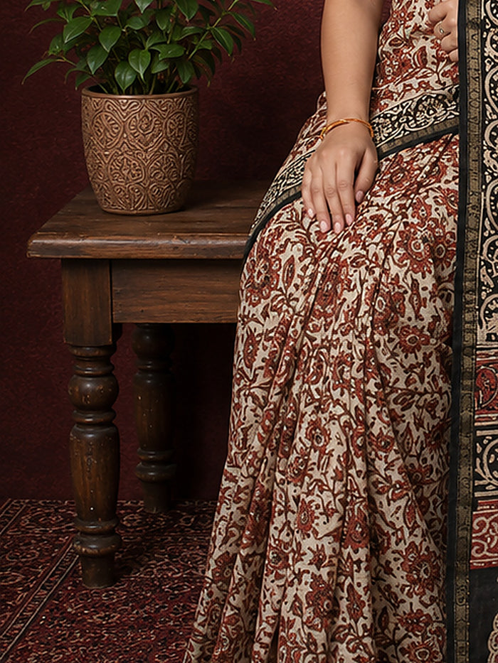 Indiehaat | Beige Chanderi Silk Kalamkari Saree