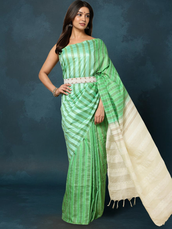 Indiehaat | Kota Silk Hand Dyed Kantha Saree Green
