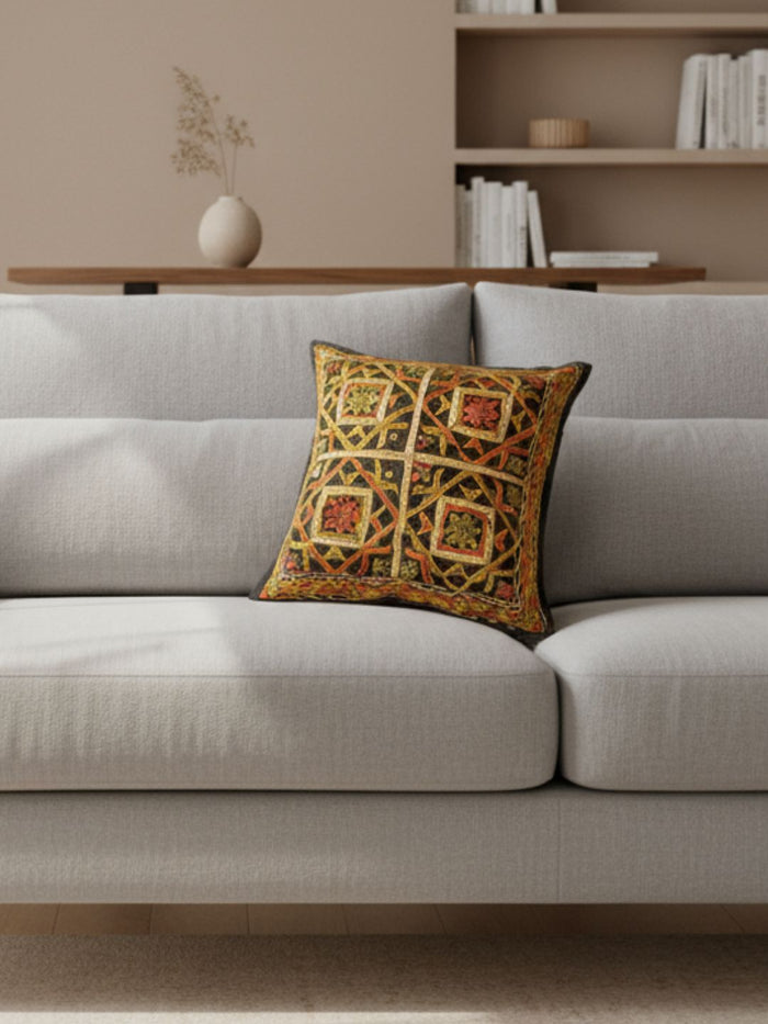 Indiehaat | Pure Cotton Multicolor Embroidered Cushion Cover