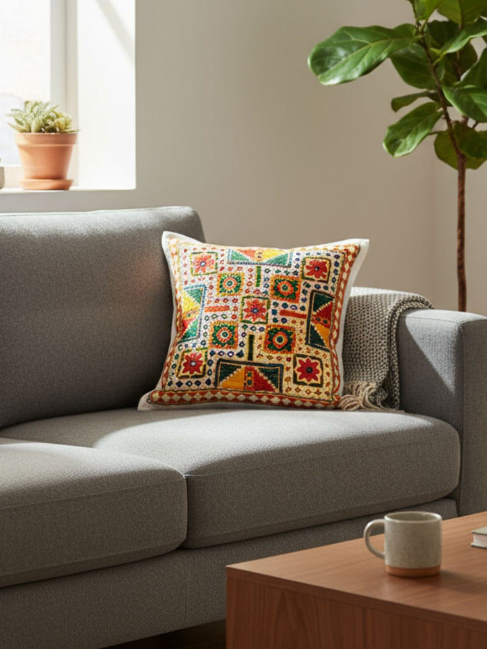 Indiehaat | Pure Cotton Multicolor Embroidered Cushion Cover
