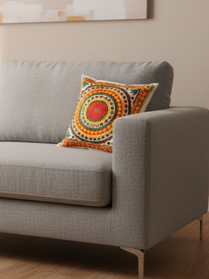 Indiehaat | Pure Cotton Multicolor Embroidered Cushion Cover