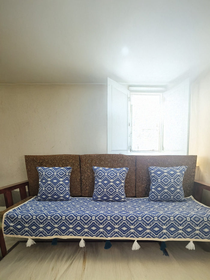 Indiehaat | Cotton Sofa Throw & Cushion Cover Blue