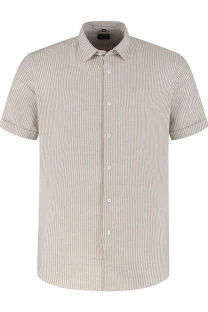 Korte mouw knit streep beige. Ademend gebreide top met beige strepen, perfect voor warme dagen.