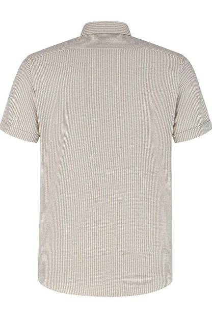 Korte mouw knit streep beige - Ademend gebreide top met beige strepen, achteraanzicht.