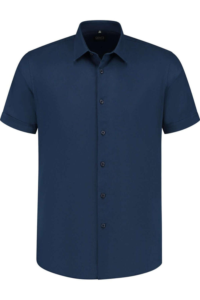 Korte mouw linnen katoen blauw - Ademend linnen-katoen shirt met moderne snit en korte mouwen.