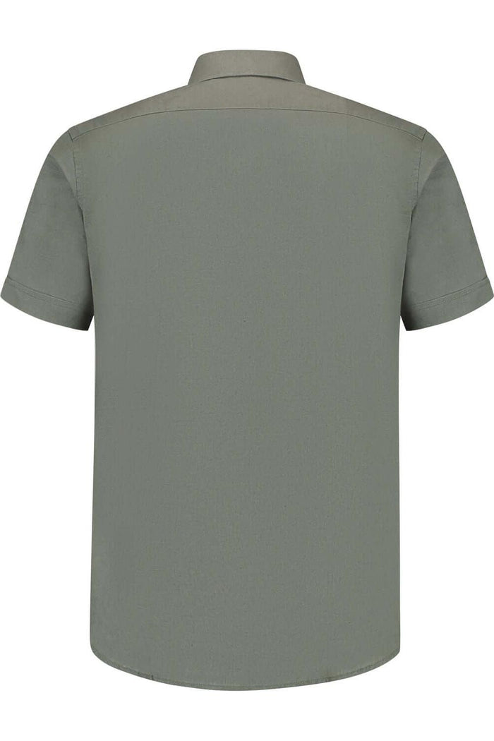 Korte mouw linnen katoen grijs-groen achteraanzicht van het ademende shirt
