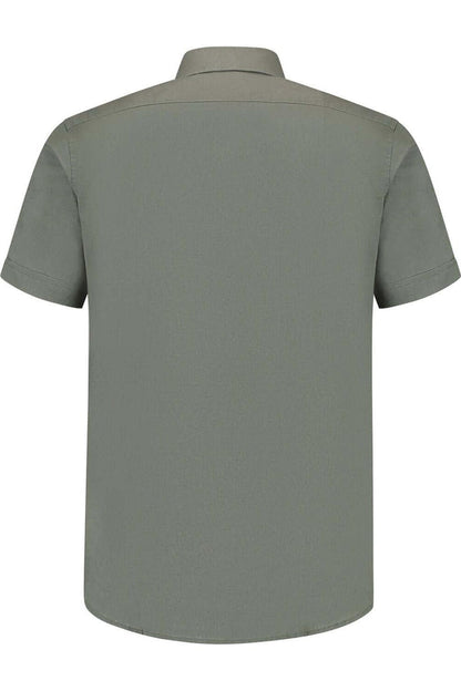 Korte mouw linnen katoen grijs-groen achteraanzicht van het ademende shirt