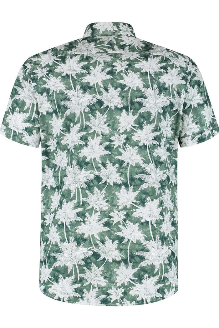 Korte mouw palmprint groen katoenen overhemd met palmprint en korte mouwen, achterkant zicht.