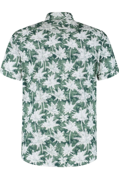Korte mouw palmprint groen katoenen overhemd met palmprint en korte mouwen, achterkant zicht.