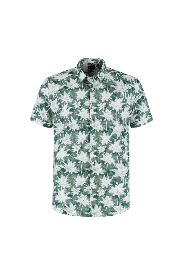 Korte mouw palmprint groen, katoenen overhemd met groene palmprint en korte mouwen, stijlvolle zomermode.