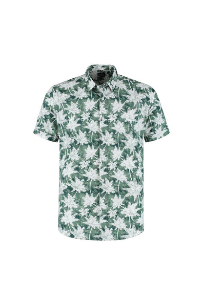 Korte mouw palmprint groen, katoenen overhemd met groene palmprint en korte mouwen, stijlvolle zomermode.