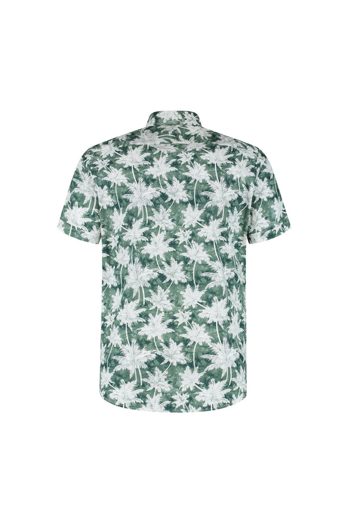 Korte mouw palmprint groen katoenen overhemd met korte mouwen en groene palmprint achteraan.