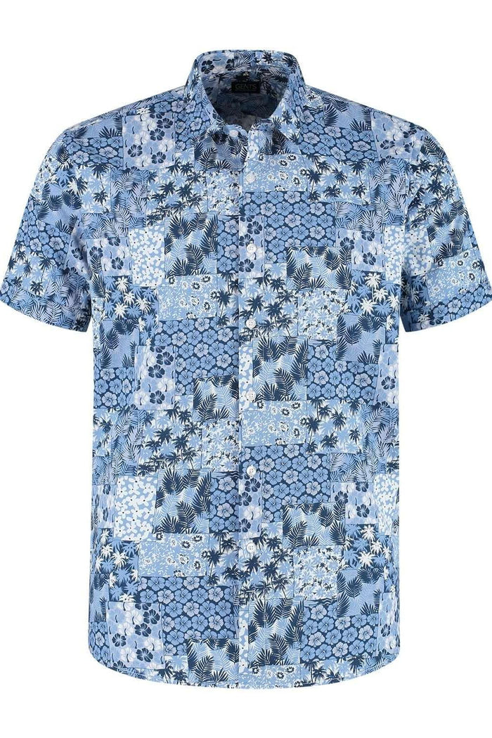 Korte mouw patch bloemprint shirt in blauw katoen met patchwork bloemmotieven, ademend en modern.